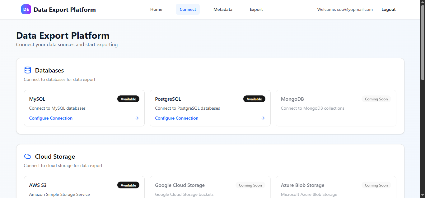 Data Export Platform showing available database and cloud storage connections
