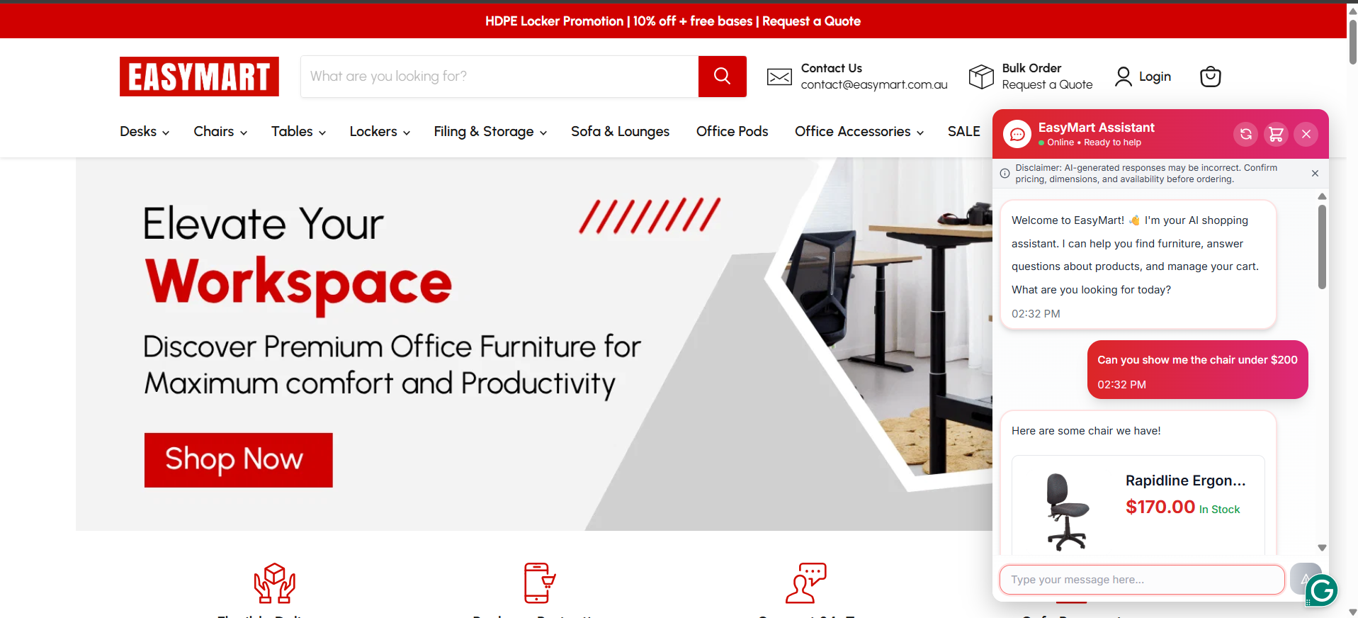 EasyMart Assistant answering a product question inside the EasyMart online store